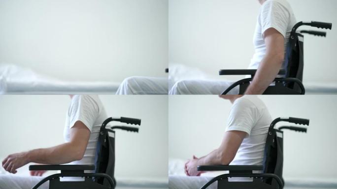 医院病房的白色病床上，一个陌生的白人男子推着轮椅进来。侧视图瘫痪男性患者骑机动辅助装置向窗外看。疾病