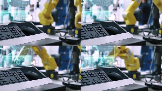 未来全息屏幕装置在工厂控制制造机的动画，未来自动化技术概念。