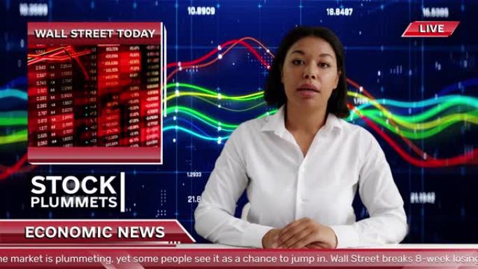 通用经济新闻背景，电视主播提供股票市场的实时更新