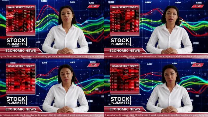 通用经济新闻背景，电视主播提供股票市场的实时更新
