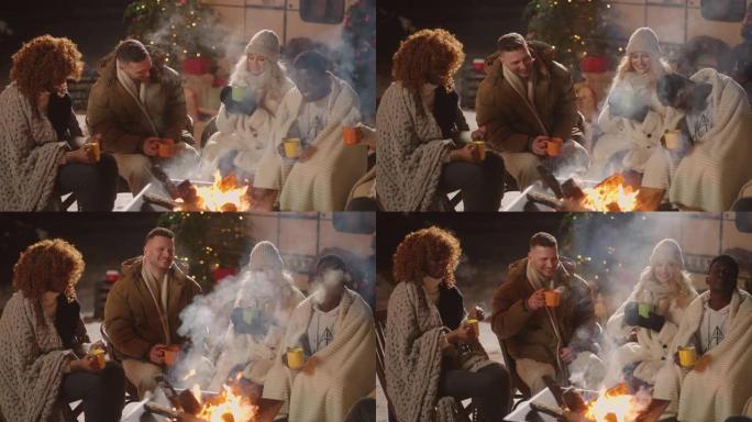 各种各样的人围坐在火炉旁，与朋友愉快地聊天，圣诞快乐聚会
