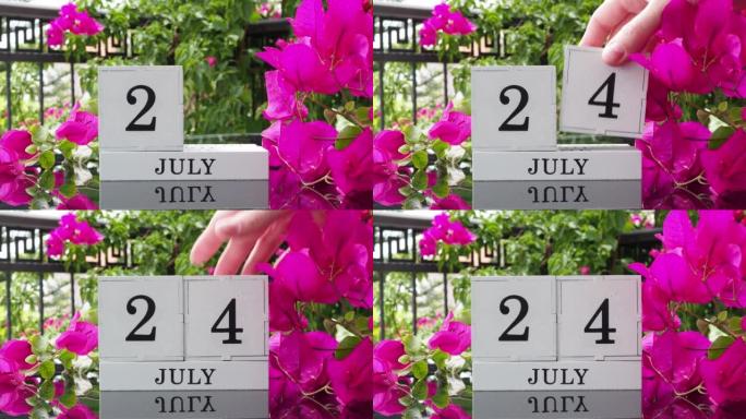 一个木制日历，有一个重要的活动，7月24日在一张有芙蓉花的桌子上，女人的手在日历上设定了日期。将日历