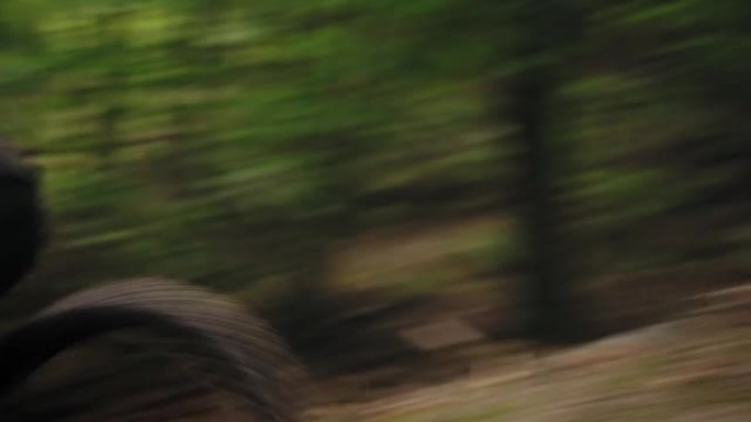 一名男子在森林中的MTB上戴着头盔高速行驶的电影镜头加速并跳过了森林中的跳板。极限自行车的森林赛道