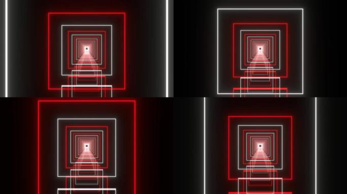 黑色空间中的方形霓虹灯红白光，科幻未来派概念。