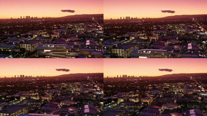 加利福尼亚州洛杉矶好莱坞日落时卡尔弗城天际线的鸟瞰图