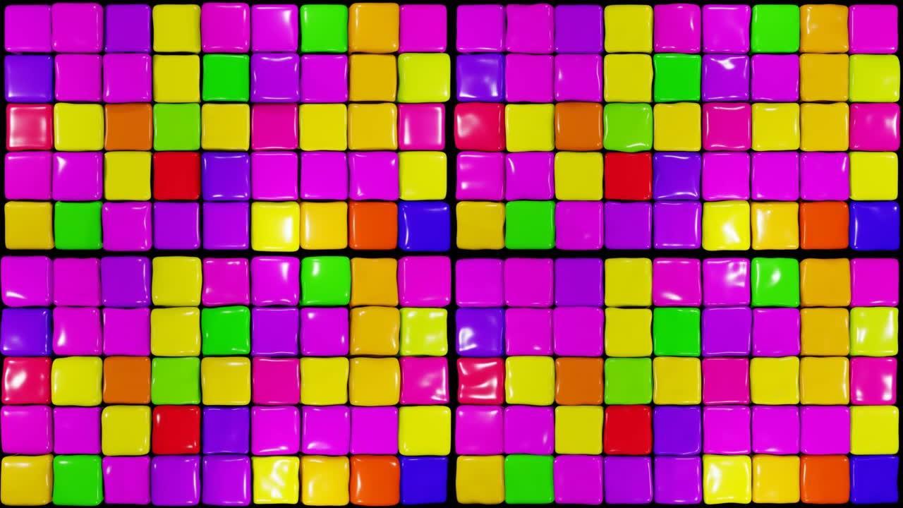 3D动画脉动彩色弹性立方体。果冻立方体翘曲。多色软立方体随机移动图案。抽象框3d渲染。抽象背景与柔和