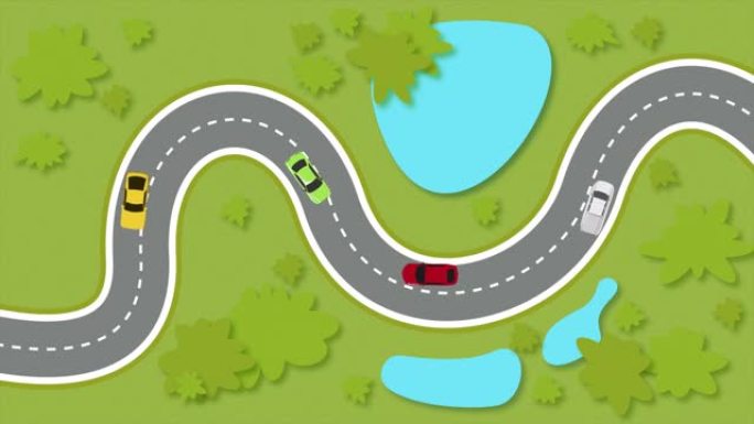 在郊区高速公路上行驶的汽车，卡通动画。以树木和湖泊为背景的乡村背景的汽车动画。沿沥青高速公路行驶的汽