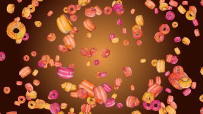 绿色屏幕背景上掉落美味甜甜圈的4k动画。食品，健康，快餐概念。