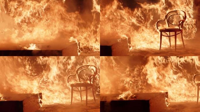 着火的家庭内部。客厅燃烧的椅子。被火焰覆盖的墙壁