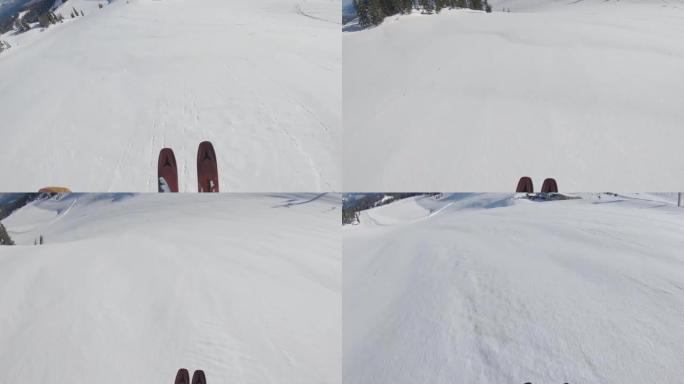 滑雪穿越粉雪的第一人称视角