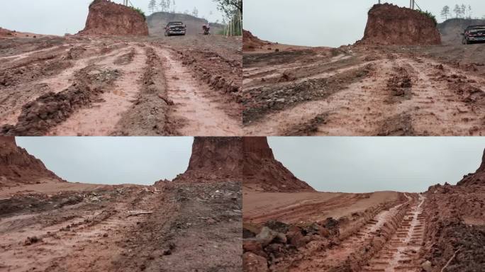 雨后路面开采工地湿滑黄泥路车轮压过的坏路