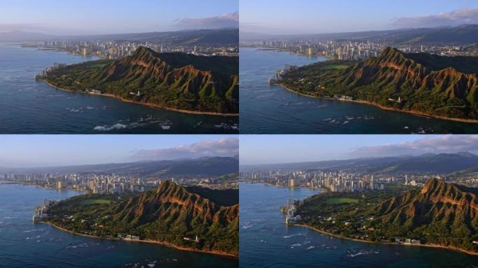 夏威夷瓦胡岛以檀香山为背景的空中钻石头