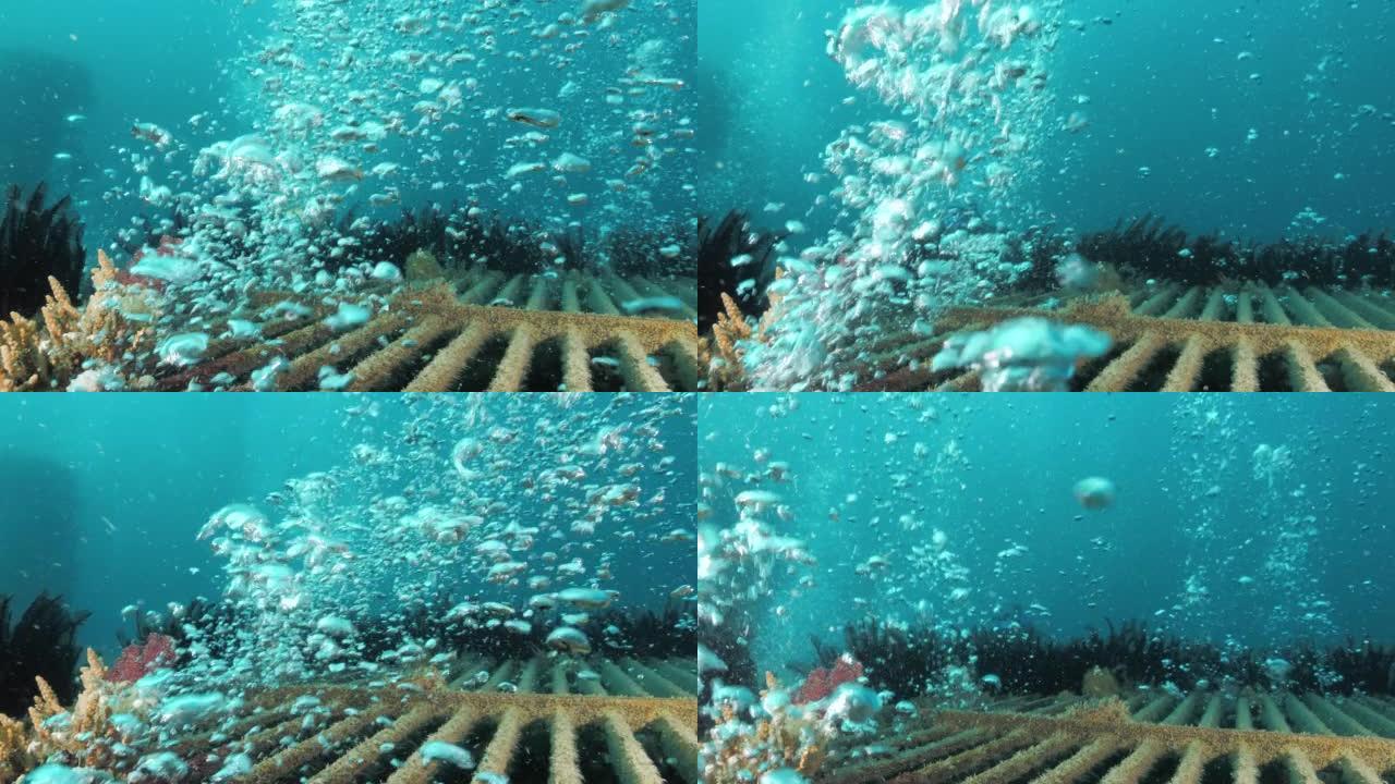 作为海洋深处海水淡化厂的一部分，气泡流通过水下炉排上升。