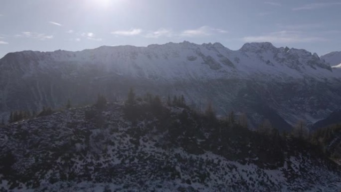 空中无人机拍摄了树线上方的雪山山脉
