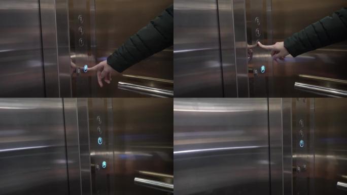 电梯里的女孩按了一个按钮。按下按钮后电梯门关闭。商务中心的现代电梯。那个女人独自一人在电梯里。下到一