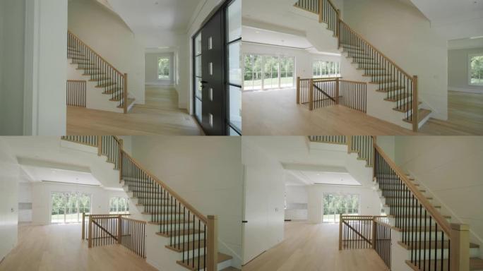 现代住宅的楼梯，房地产内部。宽镜头