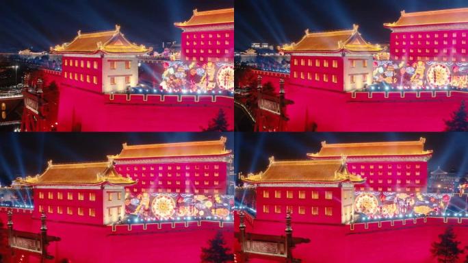 庆祝中国春节的古城墙南门鸟瞰图，陕西西安