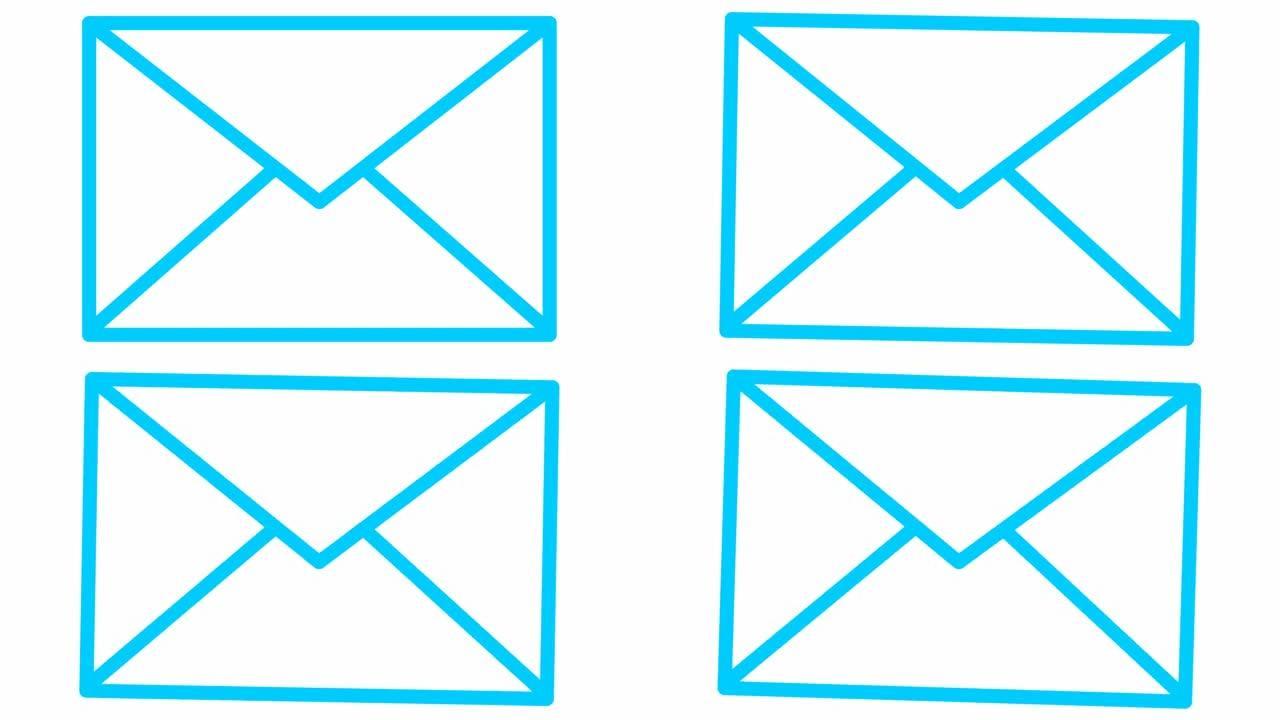 信封的动画蓝线图标。电子邮件的符号。通信、邮件、信息、信件的概念。循环视频。矢量插图孤立在白色背景上