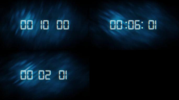 倒计时定时器一分钟数字技术时钟定时器发光二极管蓝色数字背景。