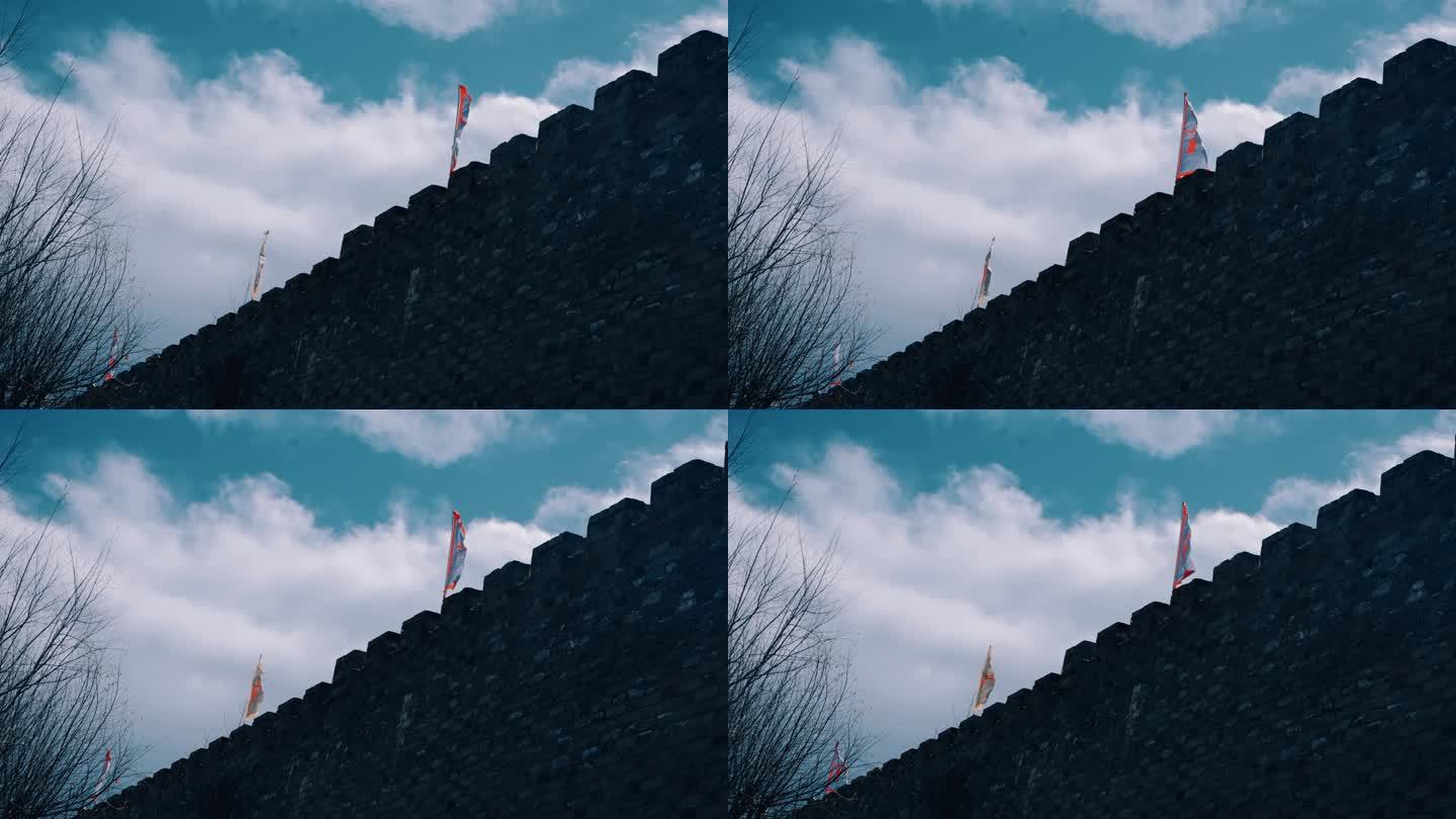 【4K】古城墙战旗飘飘意境空镜