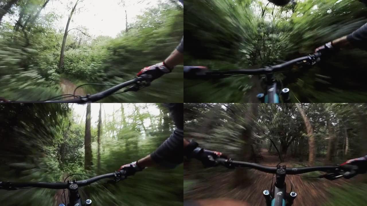 视点POV山地自行车在森林中快速骑行