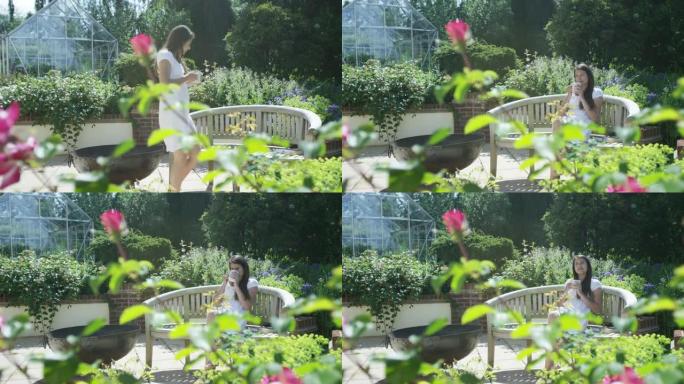 怀孕美丽的年轻女子在夏天