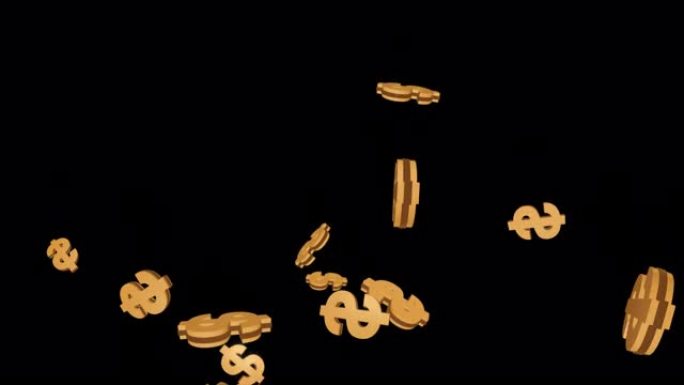 美元的3D动画，黑色循环背景上的比特币掉落