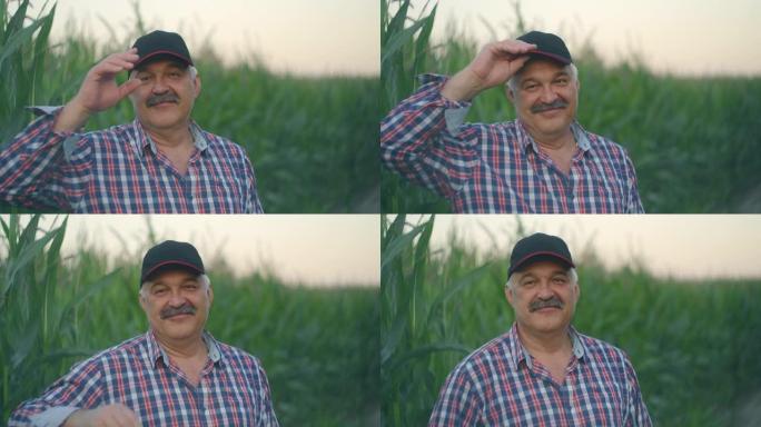 一位年长的农民拍摄了一顶棒球帽，盯着镜头，站在玉米田里微笑着
