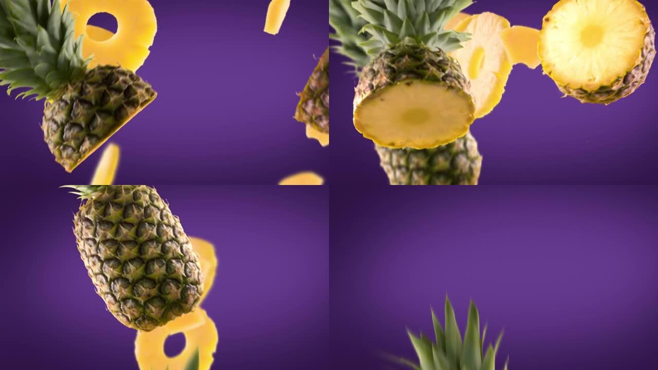 紫色背景下的菠萝和切片的飞行