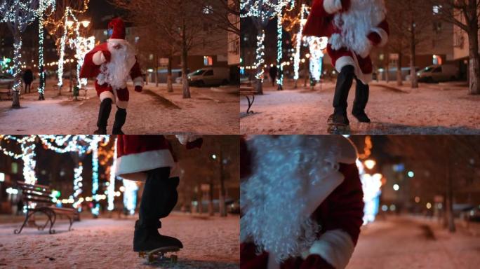 快乐的圣诞老人带着礼品袋骑着滑板在雪城街上晚上离开。穿着红色服装的开朗白人在除夕夜送礼物很开心。