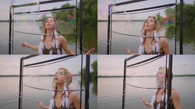 一位年轻的女艺术家吹了很多肥皂泡，在日落时在湖上用慢镜头展示了一场戏剧表演
