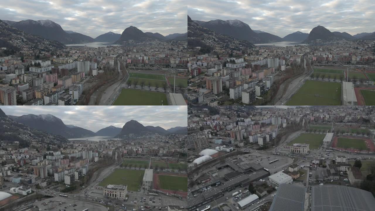 空中无人机拍摄了山区附近繁忙的市中心