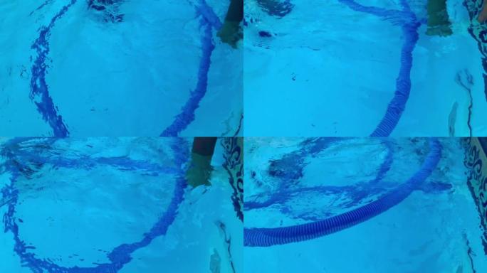 将柔性蓝色吸入软管连接到水下地面池泵通风口