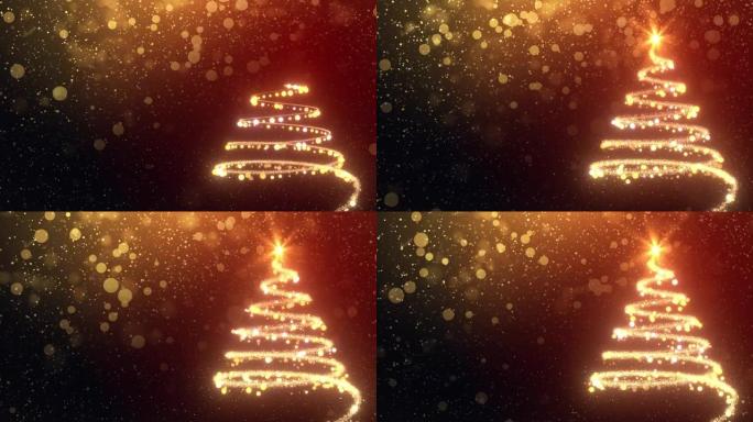 4k红色闪闪发光的圣诞背景圣诞树4k视频运动图形循环背景。