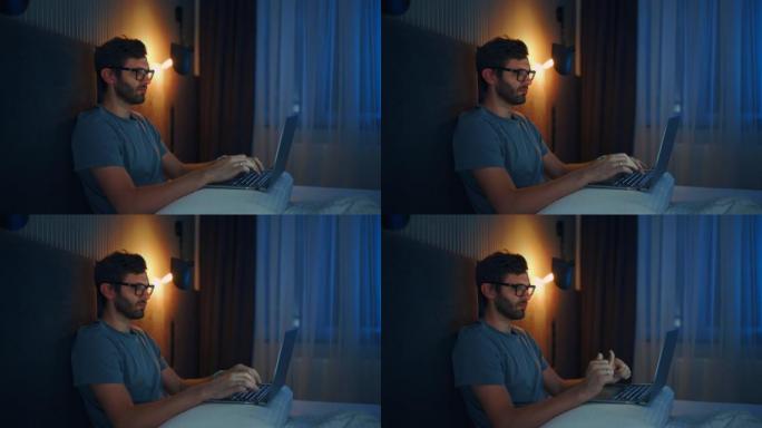 成年男子晚上在床上用笔记本电脑工作，加班，在家庭卧室里用肖像