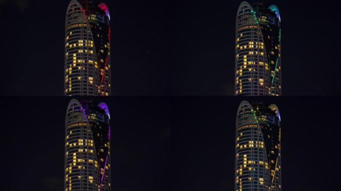 夜间照明曼谷市市中心著名酒店正面全景4k延时泰国