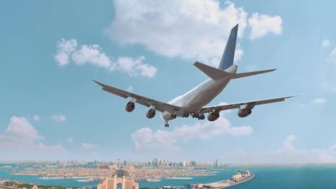 迪拜飞行和降落的客机。飞机概念