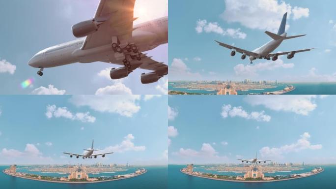 迪拜飞行和降落的客机。飞机概念