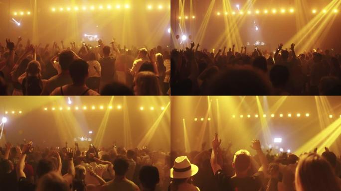 人群在音乐节上欢呼。五颜六色的照明和烟雾。黑暗舞台