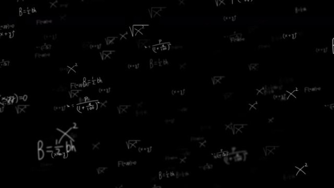 黑板上白色数学公式和几何图的4k循环动画。