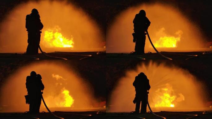 2消防队员在地面用火进行灭火训练