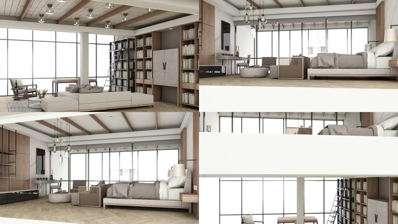 客厅和卧室现代风格，木质色调，座椅和床灰色织物，白色墙壁装饰。拼花地板上的大窗户高高的天花板。从1楼