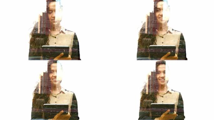 数字平板电脑双重曝光女性肖像