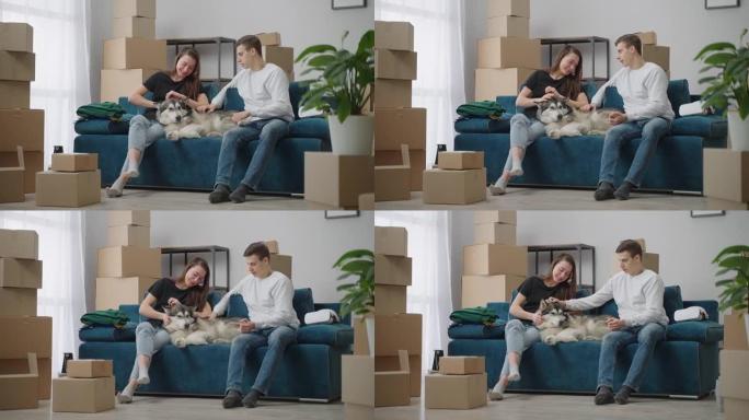 幸福的年轻家庭，一只狗在移动和交谈后坐在新的宽敞公寓的柔软沙发上。周围有许多不同大小的纸板箱。人生的