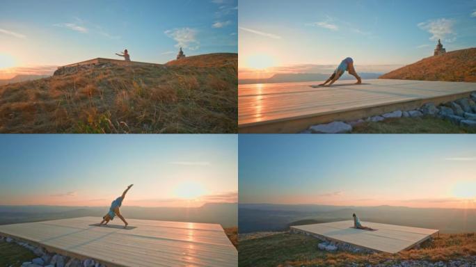 日落时在山顶平台上做瑜伽的CS女人