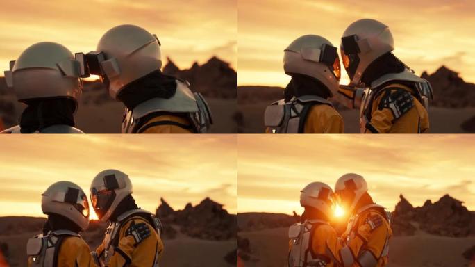 火星上的爱。两名宇航员触摸额头