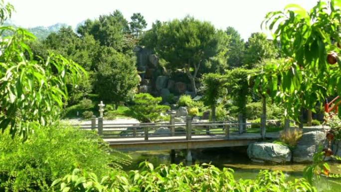 景观-带瀑布和跨河桥梁的绿色公园