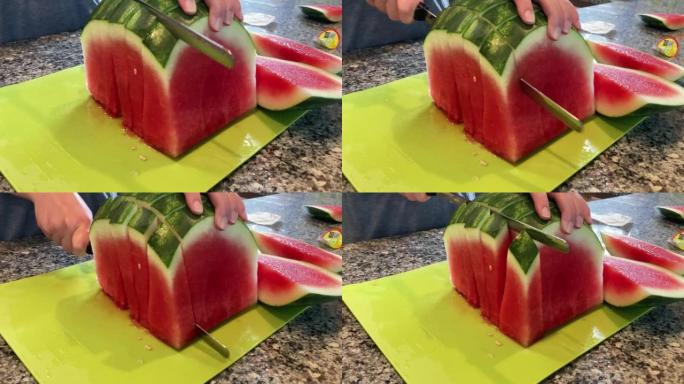 以4k 24fps的速度在厨房的绿色砧板上切成西瓜