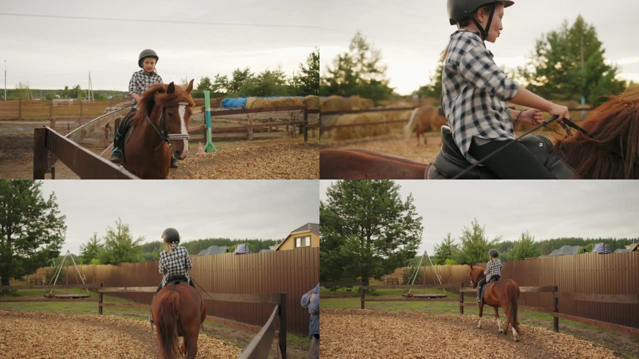 小马俱乐部给孩子的骑马课程，小女孩正在学习骑马