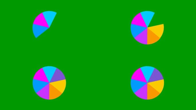 动画彩色圆圈。图的多色部分。矢量插图孤立在绿色背景上。